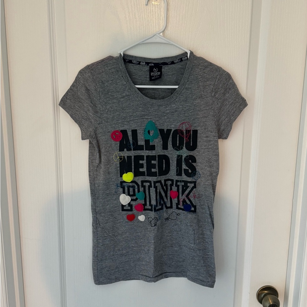 PINK Victoria's Secret Heather Gray Tee with Multicolor Accents